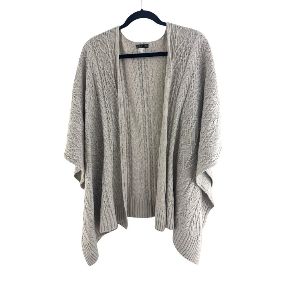 Venus Light Gray Silver Shimmer Ruana Wrap Shawl Cable Knit S/M Poncho Sweater
